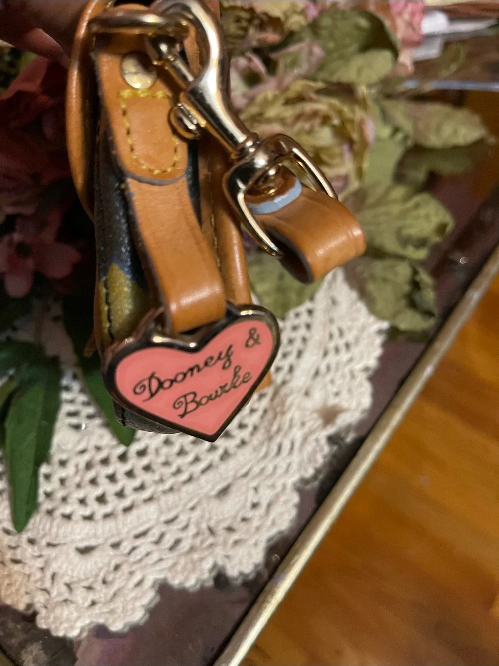 Dooney & Bourke vintage Multicolor Heart Print Wristlet with Brown Trim
